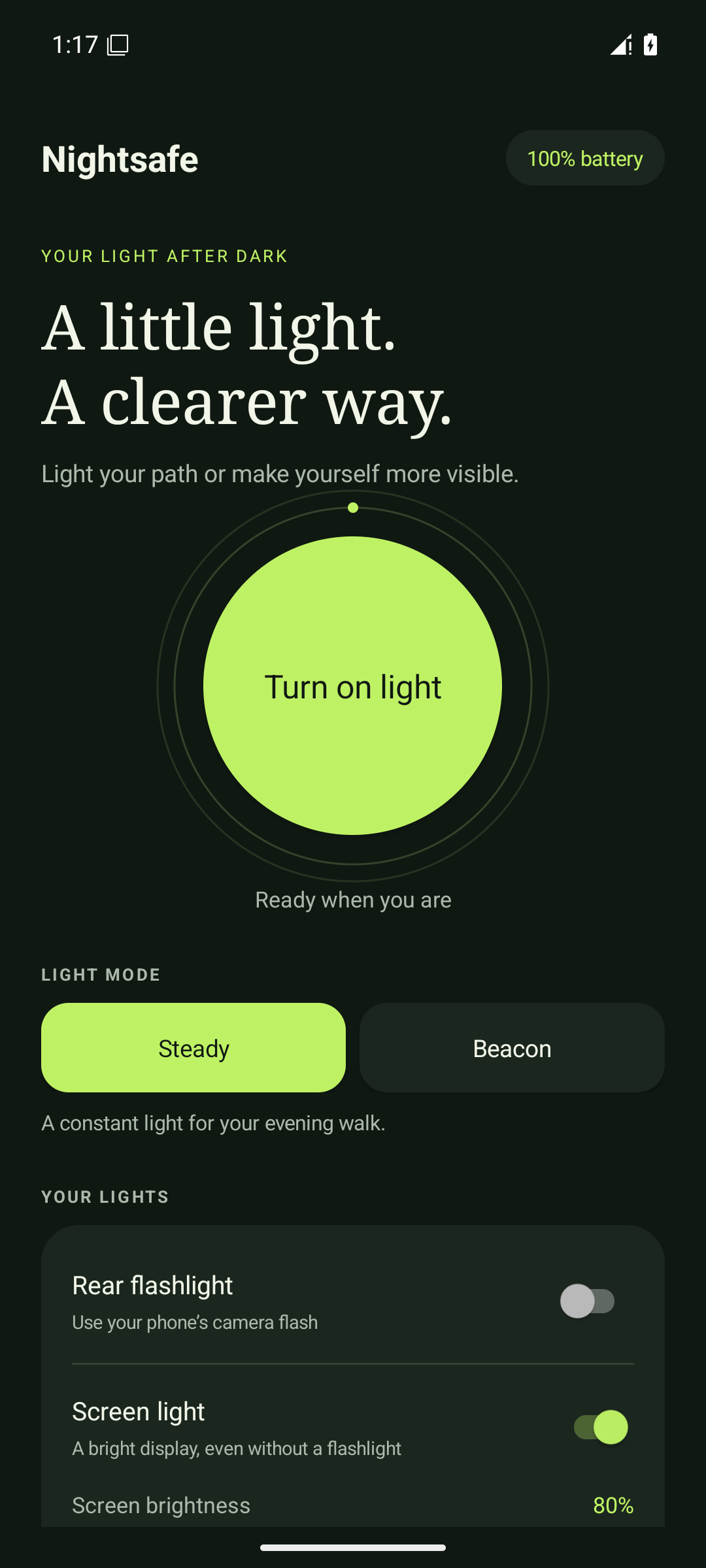 Nightsafe 2.0 app preview: home screen with lighting controls